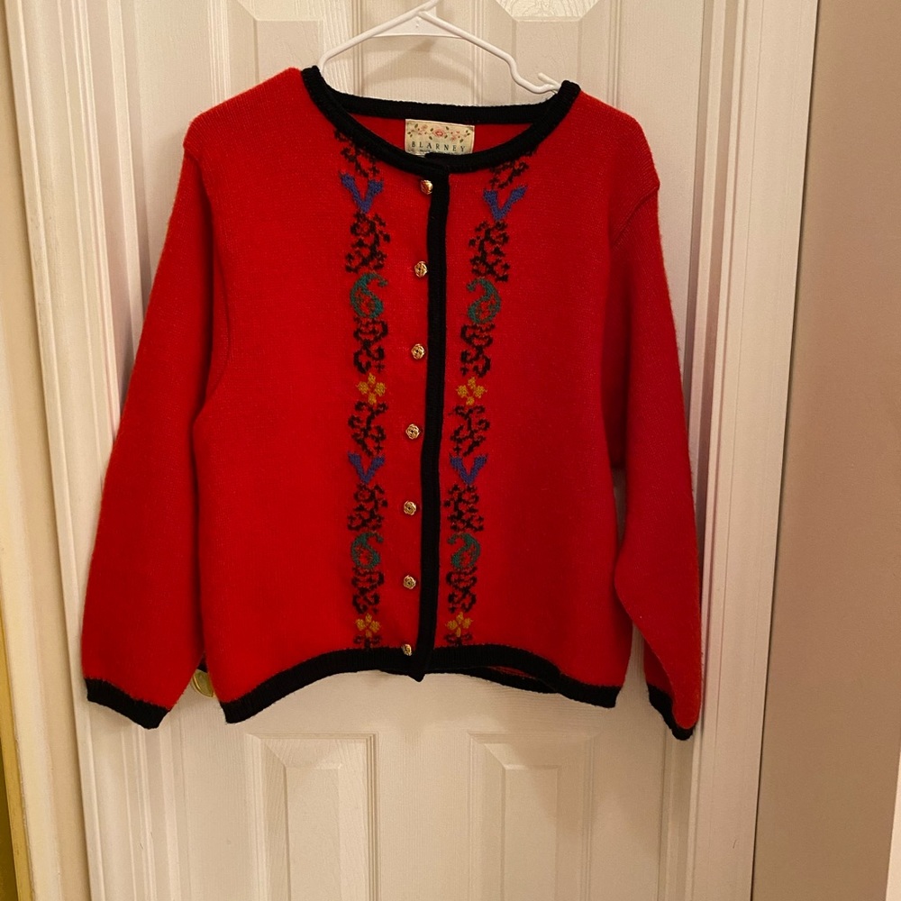 Blarney Woolen Mills Wool Red Cardigan Sweater Paisley Embroidery Ireland Cozy
